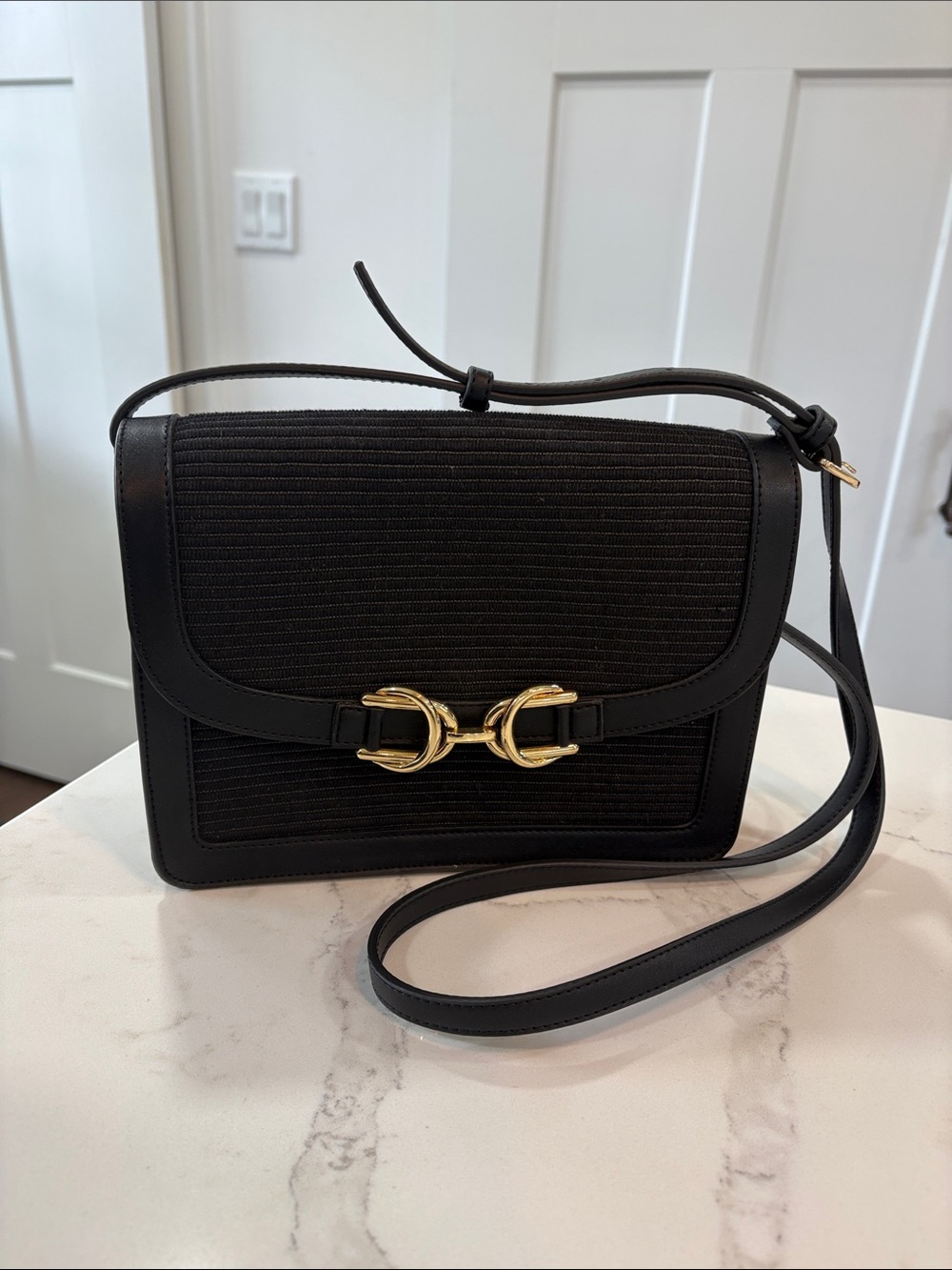 Ann Taylor Black Crossbody Bag Purse with Gold Buckle Detail